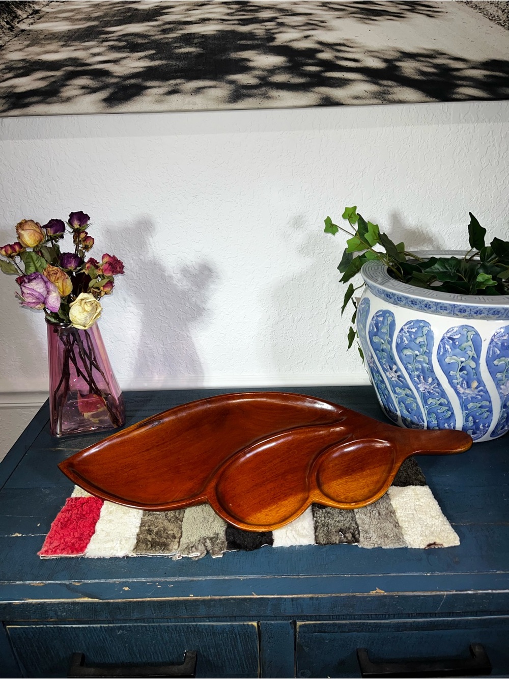 Vintage MCM Monkey Pod Wood Serving Tray 3 Compartment Snack Dish